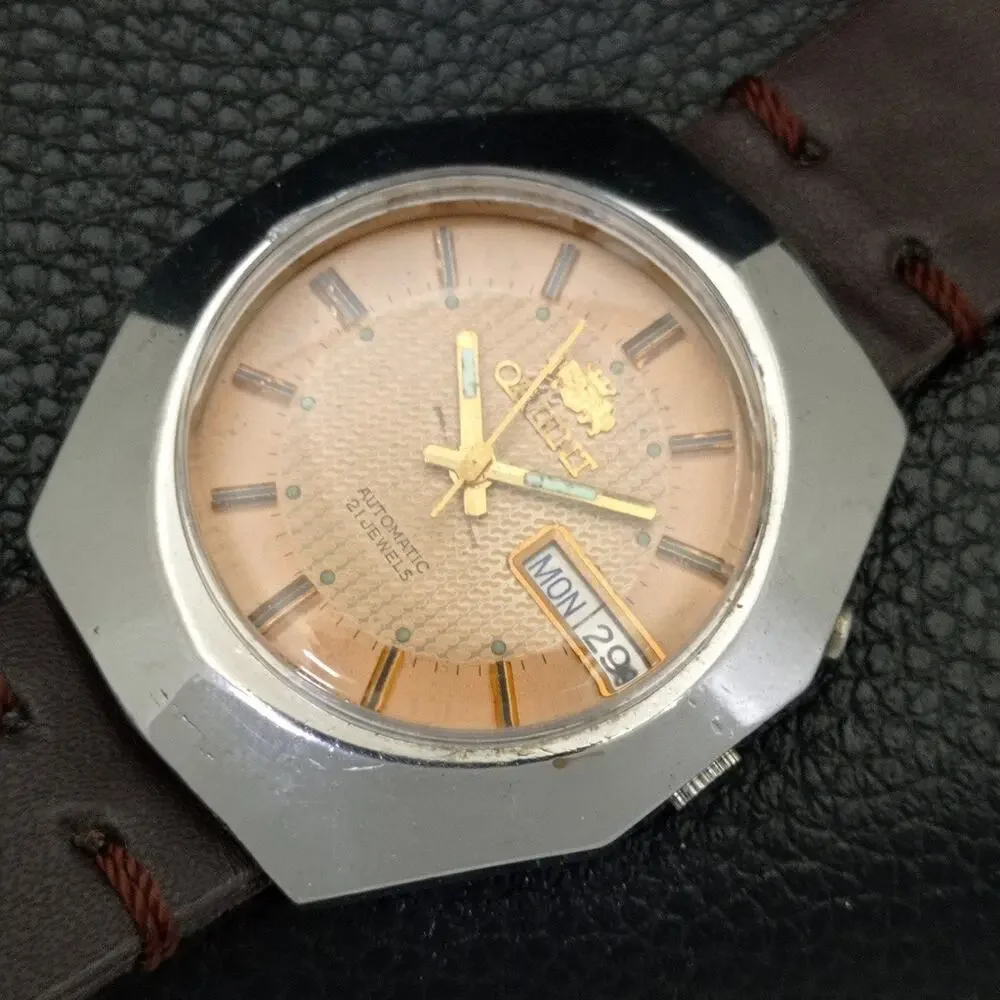 Vintage 1987 Orient Automatic Mens Silver Watch W/daydate & Patina accents